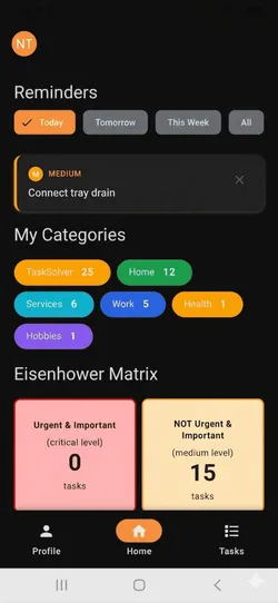 TaskSolver App - Home screen showing reminders, categories, and Priority Board