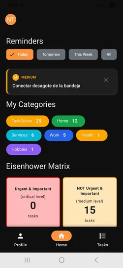 TaskSolver App - Home screen showing reminders, categories, and Eisenhower Matrix